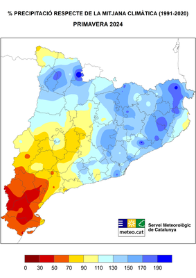 Diferència entre la pluja caiguda a Catalunya aquesta primavera i la mitjana climàtica de les darreres tres dècades (Mapa: MeteoCat)