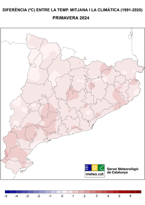 Diferència entre la temperatura a Catalunya aquesta primavera de 2024 i la mitjana climàtica de les darreres tres dècades (Mapa: MeteoCat)