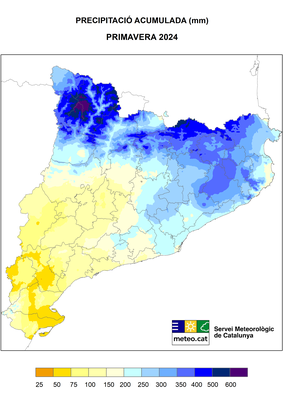 Recull de precipitació acumulada arreu de Catalunya aquesta primavera de 2024 (Mapa: MeteoCat)