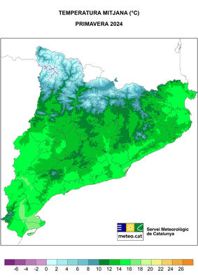 Temperatura mitjana arreu de Catalunya aquesta primavera de 2024 (Mapa: MeteoCat)