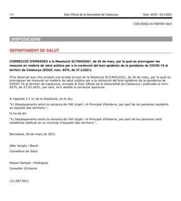 Disposició de la Generalitat, publicada al DOGC, sobre la restricció actual d'accés a Andorra tret dels residents a l'Alt Urgell