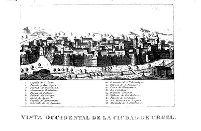 Gravat sobre la Seu d'Urgell emmurallada, l'any 1847 (Wikimedia Commons)