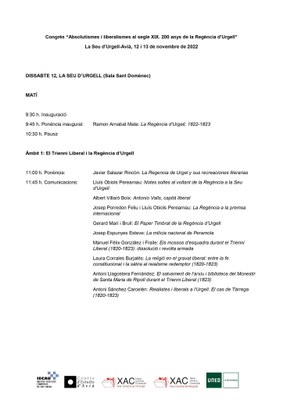 Programa del congrés 'Absolutismes i liberalismes al segle XIX (Dissabte matí)