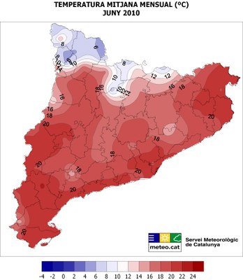 Mapa de la temperatura mitjana - Juny 2010