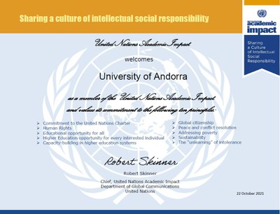 Certificat 'Academic Impact' de l’ONU 