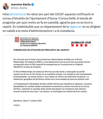 Missatge en què Jeannine Abella denuncia públicament l'enviament d'una comunicació oficial només en castellà per part del Departament d'Interior