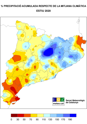 Precipitació acumulada a l'estiu de 2020 respecte a la mitjana (SMC)