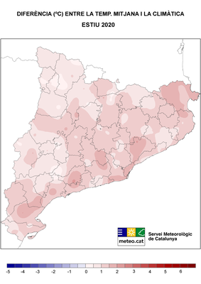 Temperatura de l'estiu de 2020 respecte de la mitjana històrica (SMC)