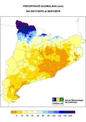 Precipitació acumulada entre novembre de 2015 i gener de 2016 (Meteocat)