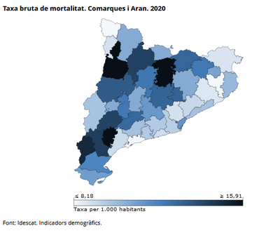 Taxa bruta de mortalitat de l'any 2020 per comarques, en proporció al nombre d'habitants (Idescat)