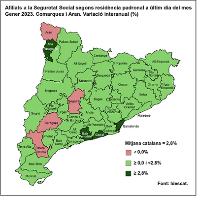 Mapa sobre l'evolució del número d'afiliats a la Seguretat Social a Catalunya (Imatge: Gencat)