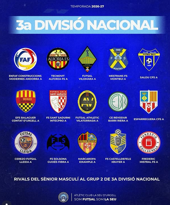 Relació de clubs del grup 2 de Tercera Nacional de Futbol Sala 2026-2027, amb la participació de l'Atlètic Club La Seu