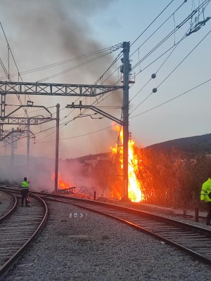 Un incendi a tocar d'una via de tren, aquest diumenge (Foto: cedida a l'ACN)