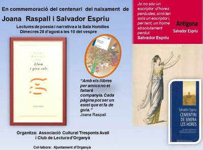 Organyà - Cartell lectura poesia Raspall i Espriu