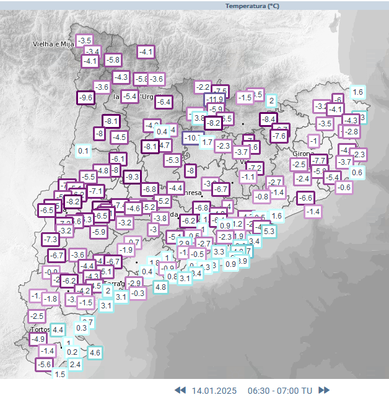Temperatures d'aquest matí (14/01/2025) als observatoris del MeteoCat, amb mínimes sota zero fins a la línia de la costa