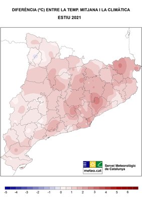 Variació de la temperatura respecte a la mitjana històrica aquest estiu a Catalunya (SMC)