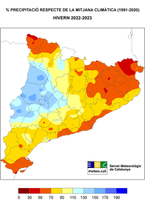 Percentatge de precipitació aquest hivern respecte de la mitjana dels darrers trenta anys (SMC)