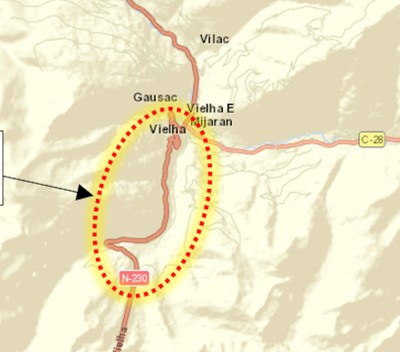 Àmbit d'actuació de la futura millora de l'N-230 entre Vielha i la boca nord del túnel de Vielha