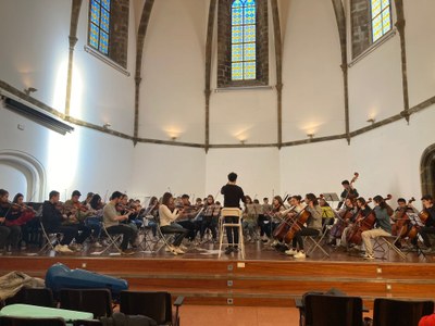 Assaig del projecte simfònic del Conservatori dels Pirineu amb l'Institut de Música d'Andorra la Vella (Foto: Conservatori de Música dels Pirineus)