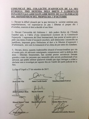 Manifest signat pels advocats urgellencs