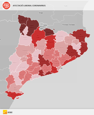 Mapa d'afectació laboral pel coronavirus, segons Intersindical-CSC (Imatge: Instamaps / ICGC)