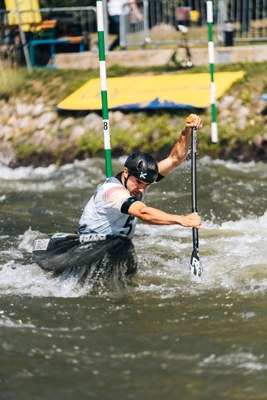 Miquel Travé, a les classificatòries de C1 de la Copa del Món d'Eslàlom a la Seu (Foto: Marc Etxaniz / Canoe Slalom Seu)