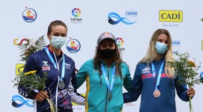 Podi de K1 femení de la Copa del Món 2021 d'eslàlom a la Seu (Foto: ICF)
