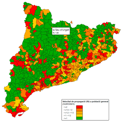 Velocitat de transmissió del virus (Rho7) actual a tots els municipis catalans (Dep. Salut)