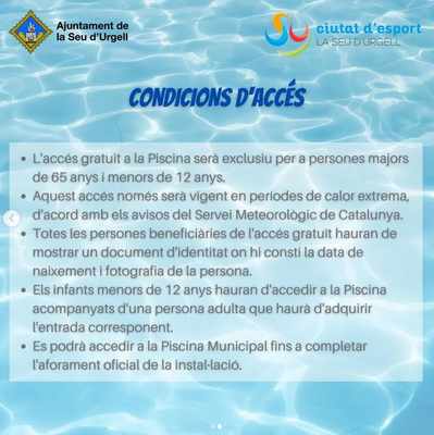 Condicions de la gratuïtat a la piscina municipal de la Seu per episodi de calor extrema