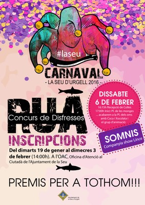 Cartell per inscriure's a la rua de Carnaval de la Seu 2016