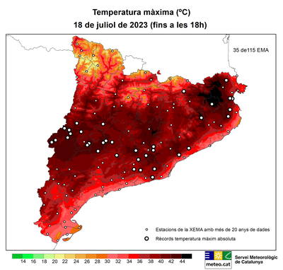 Mapa de temperatures màximes del 18/07/2023 al conjunt de Catalunya (MeteoCat)