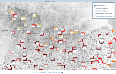 Recull de les temperatures d'aquest dimarts a la tarda arreu del Pirineu (MeteoCat, 18/07/2023)