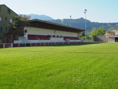 El Camp Municipal de Futbol d'Oliana, amb la gespa natural que ara serà substituïda (Foto: CE Oliana)