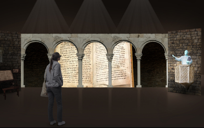 Recreació en 3D del videomàpping interactiu que s'instal·larà a l'Espai Homilies, a Organyà (Gruyère BCN)