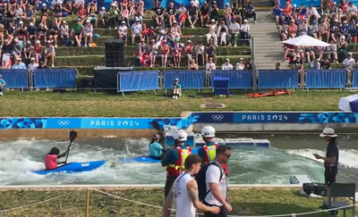 Mònica Doria, a l'eliminatòria de vuitens de final de caiac cross de París 2024 (Imatge: RTVA)