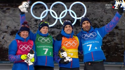 Martin Fourcade celebra el triomf als relleus mixtos de PyeongChang (France TV)