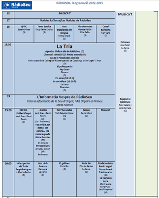 Programació RàdioSeu 2022-2023 - Tarda-vespre