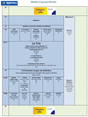 Programació 2023-2024 de RàdioSeu - Graella tarda