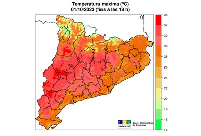 Mapa de temperatures màximes d'aquest diumenge, 01/10/2023 (MeteoCat)