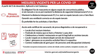 Mesures vigents contra la COVID-19, referents a ús de mascareta i certificat (Dep. Salut)