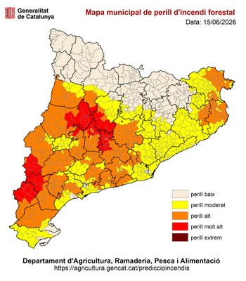 Risc d'incendi a Catalunya, per municipis. 15/06/2026 (Mapa: Departament d'Agricultura)