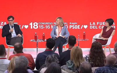 Intervenció de Salvador Illa al 18è Congrés del PSOE de l'Aragó, acompanyada de Pilar Alegría (Imatge: PSOE)