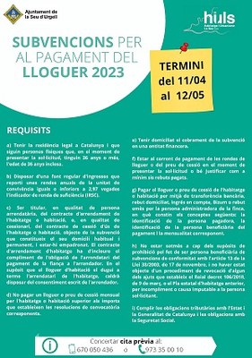 Subvencions per al pagament de lloguers d'habitatge o habitació a la Seu