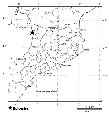 Ubicació del terratrèmol d'aquest diumenge a la Ribagorça (ICGC)