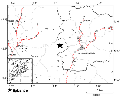 Terratrèmol de magnitud 3,6 a l'Alt Urgell amb epicentre a Os de Civís (Mapa: ICGC)