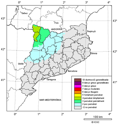 Mapa de l’ICGC amb la zona on s’ha notat el terratrèmol de magnitud 4,2 a la Ribagorça