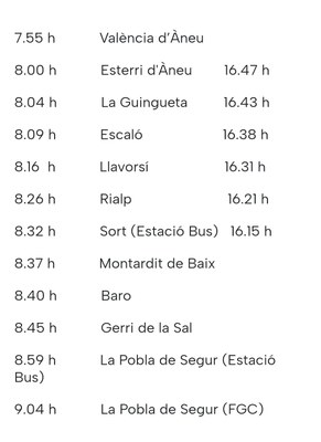 Nous horaris de la línia regular de bus València d'Àneu-la Pobla de Segur (Dep. Territori)