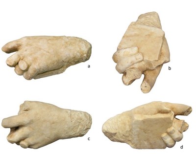 Diferents vistes del fragment de mà que subjectaria l'empunyadura d'una espasa trobats al jaciment del fòrum romà Iulia Libica de Llívia (Foto: Josep Guitart)