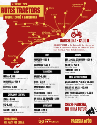 Mapa de mobilitzacions a Catalunya pel 14 d'octubre