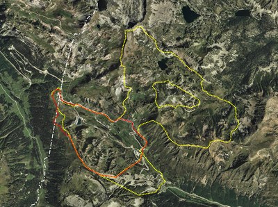 Àrea d'ampliació prevista (en vermell) de Baqueira-Beret al subsector de la Peülla